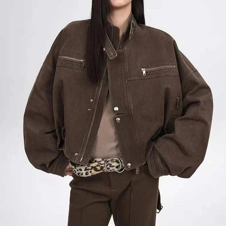 Vintage Crop Cargo Stand Collar Jacket — vista frontale