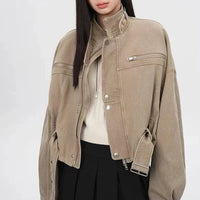 Vintage Crop Cargo Stand Collar Jacket — dettaglio del tessuto