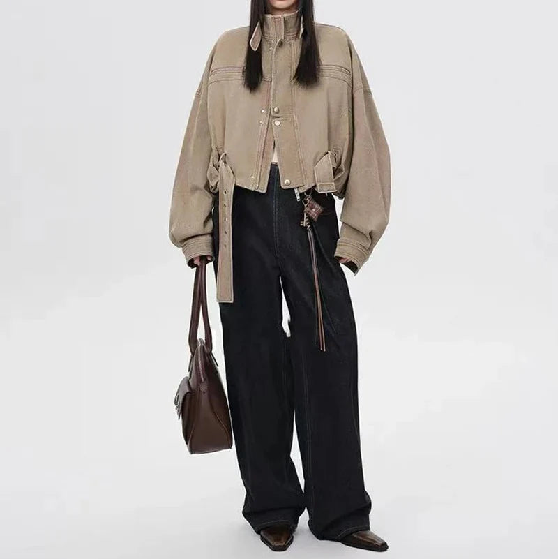 Vintage Crop Cargo Stand Collar Jacket — dettaglio