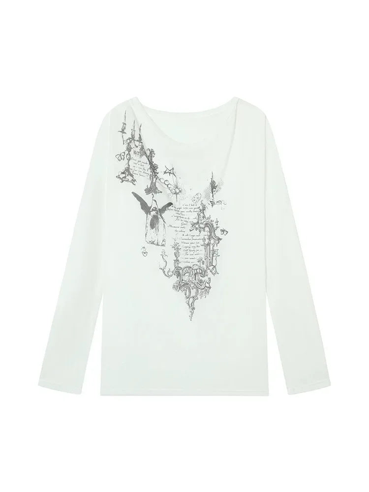 Vintage Dark Romance Graphic Long Sleeve Off Shoulder Top — vista laterale