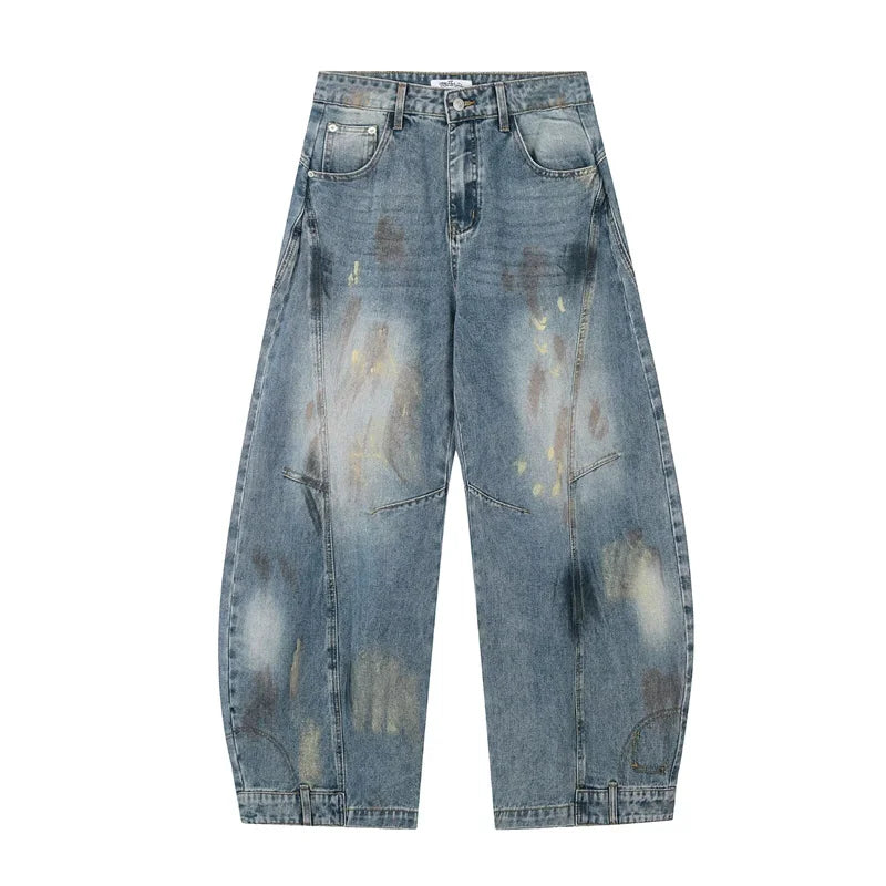 Vintage Distressed Graffiti Denim Barrel Jeans — dettaglio della stampa