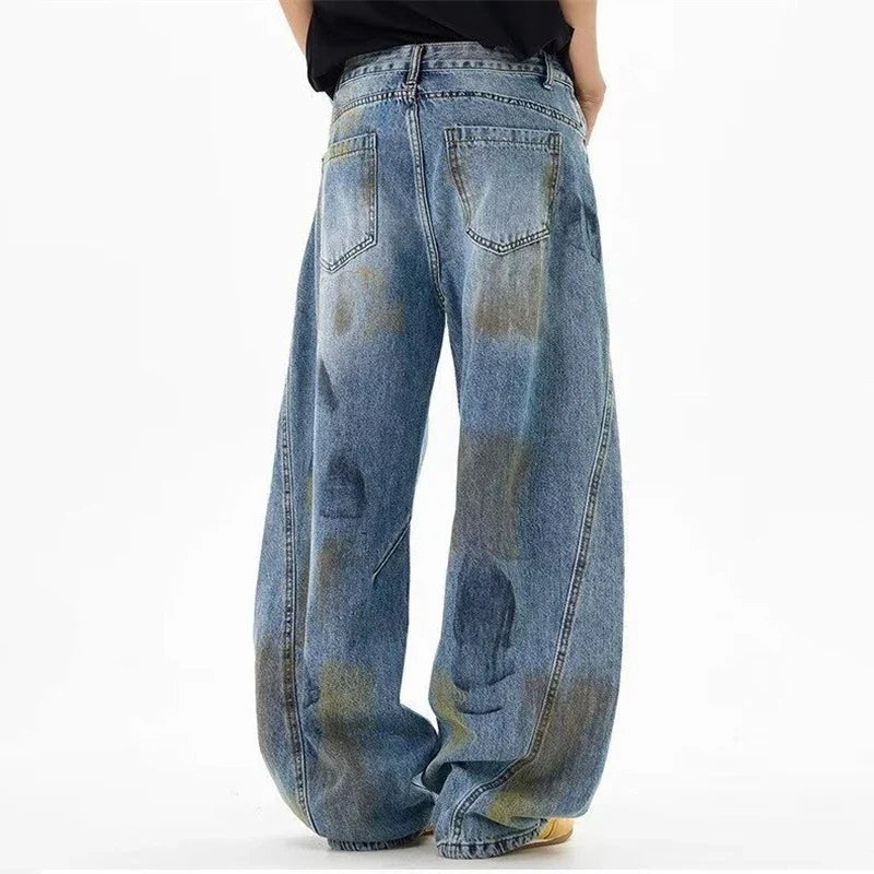 Vintage Distressed Graffiti Denim Barrel Jeans — vista laterale