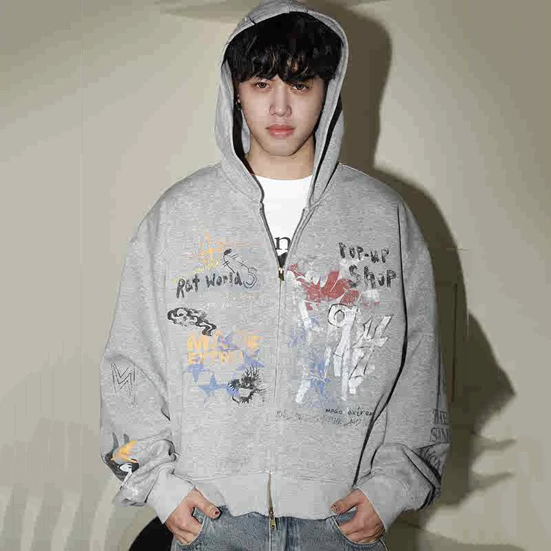 Vintage Graffiti Graphic Zip Up Hoodie — vista laterale