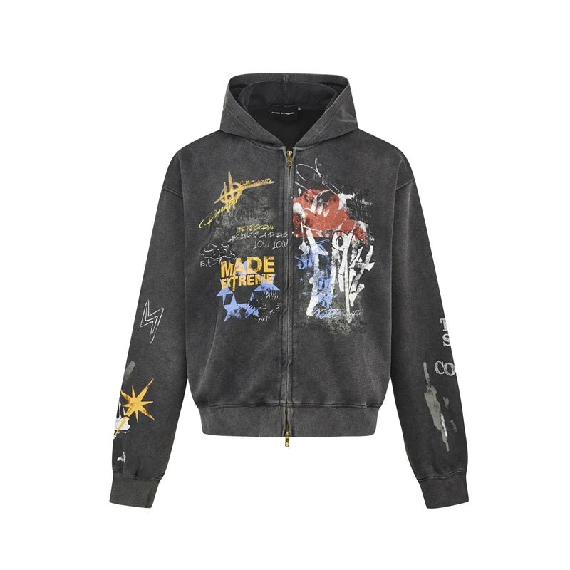 Vintage Graffiti Graphic Zip Up Hoodie — dettaglio