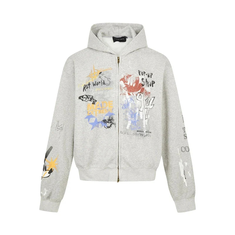 Vintage Graffiti Graphic Zip Up Hoodie — vista posteriore