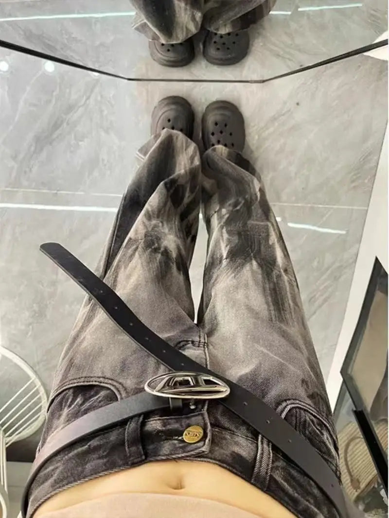 Vintage Grey Gradient Baggy Boot Cut Jeans — dettaglio della stampa