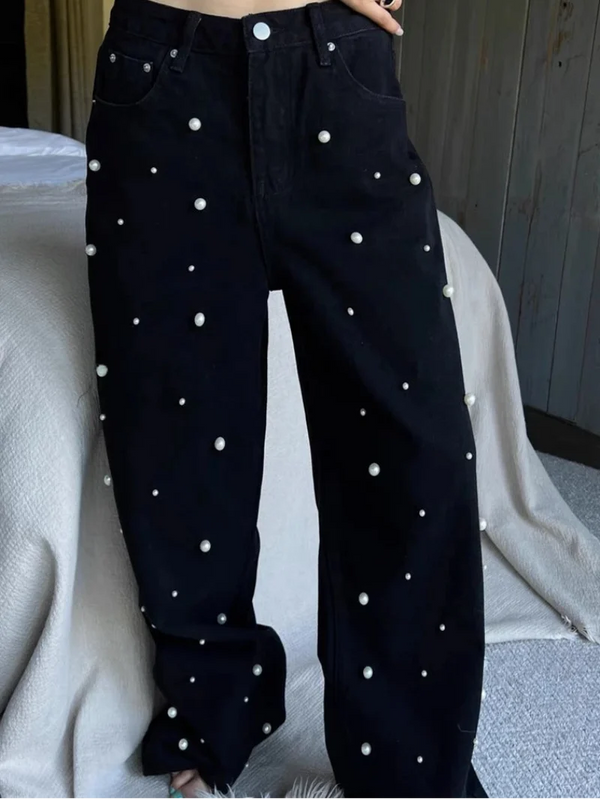 Y2K Vintage High Waist Loose Beading Denim Jeans
