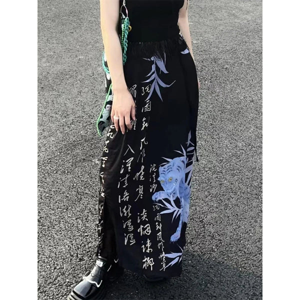 Vintage Japenese Floral Print Slit Midi Skirt — vista frontale