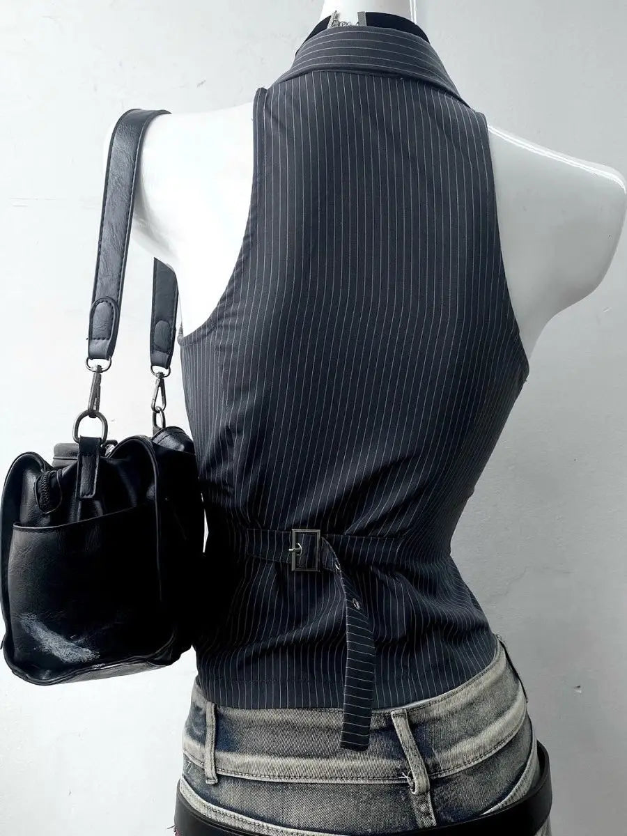 Vintage Striped Collared Sleeveless Low Cut Top — dettaglio della stampa