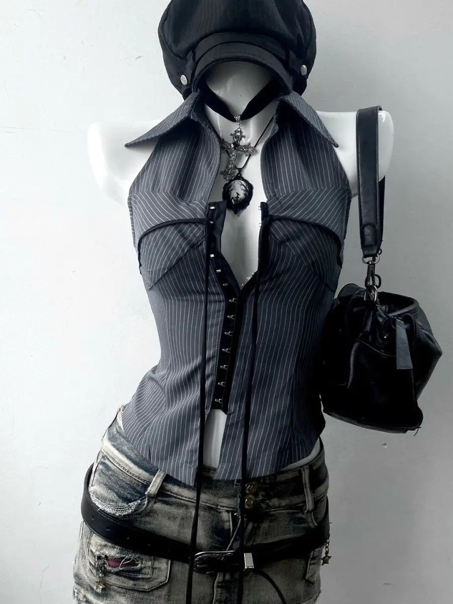 Vintage Striped Collared Sleeveless Low Cut Top — vista posteriore