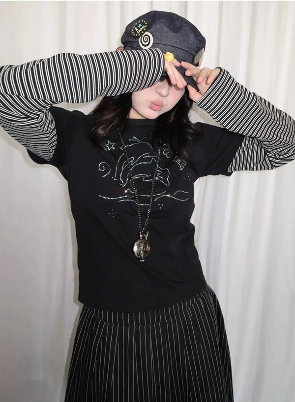 Vintage Striped Dolphin Graphic Long Sleeve Top — vista frontale