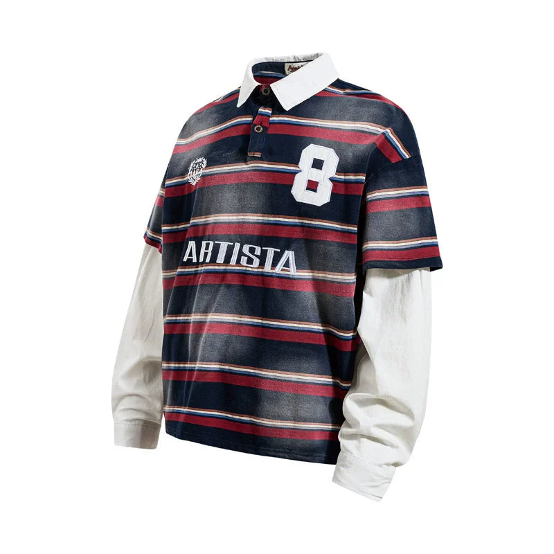 Vintage Striped Washed Mock Two Layer Polo Shirt — vista posteriore