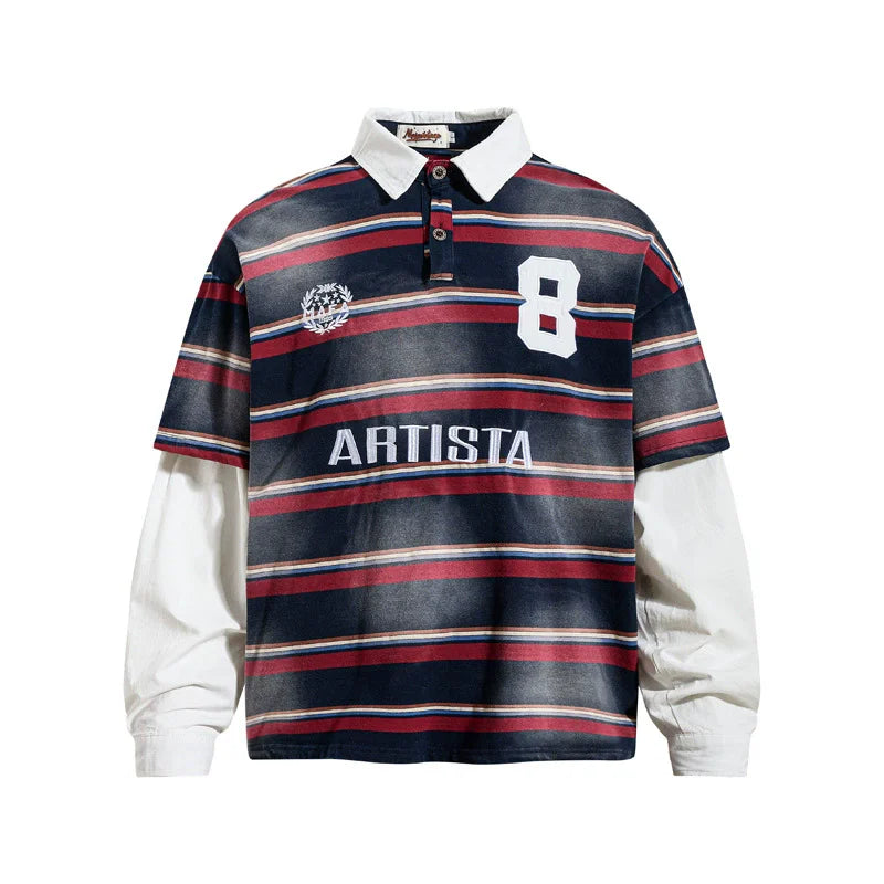 Vintage Striped Washed Mock Two Layer Polo Shirt — vista frontale