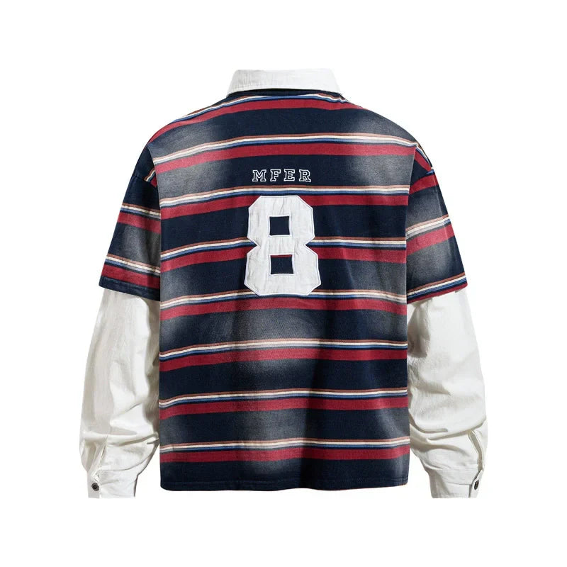 Vintage Striped Washed Mock Two Layer Polo Shirt — dettaglio