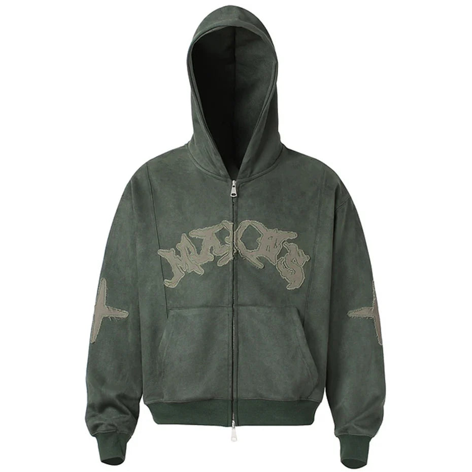 Vintage Suede Patchwork Zip Up Hoodie — vista posteriore