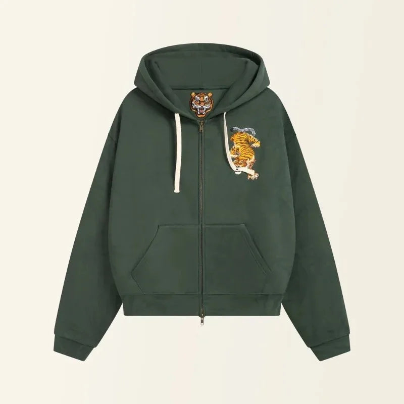 Vintage Tiger Embroidered Green Zip Up Hoodie — in alternativa