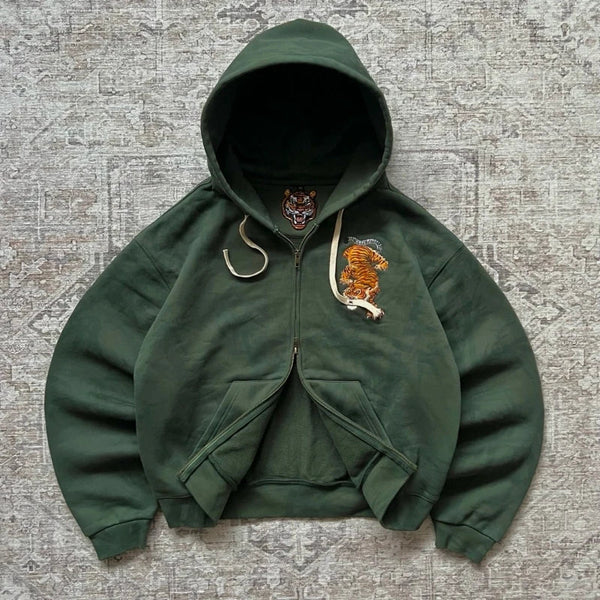 Vintage Tiger Embroidered Green Zip Up Hoodie — vista frontale