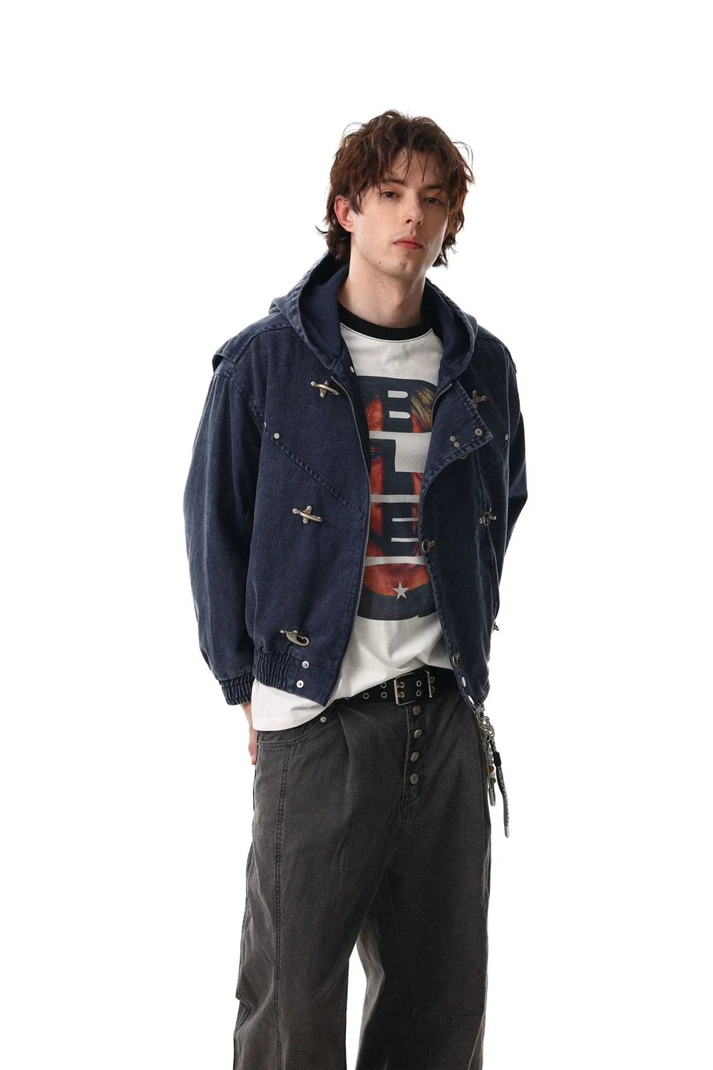 Vintage Washed Airplane Clip Denim Jacket Coat — vista laterale