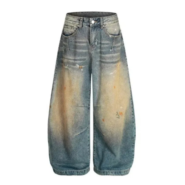 Vintage Wide Leg Washed Faux Dirt Barrel Jeans — vista frontale