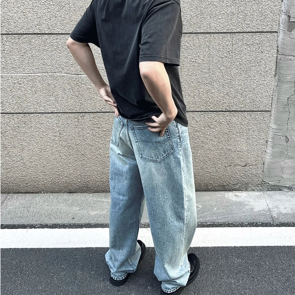 Washed Blue Streetwear Boot Cut Baggy Jeans — dettaglio