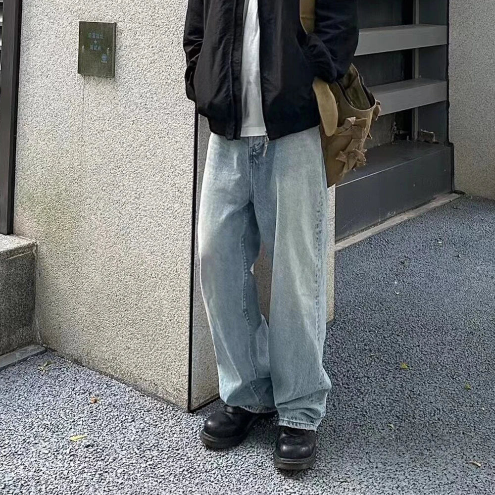 Washed Blue Streetwear Boot Cut Baggy Jeans — vista laterale