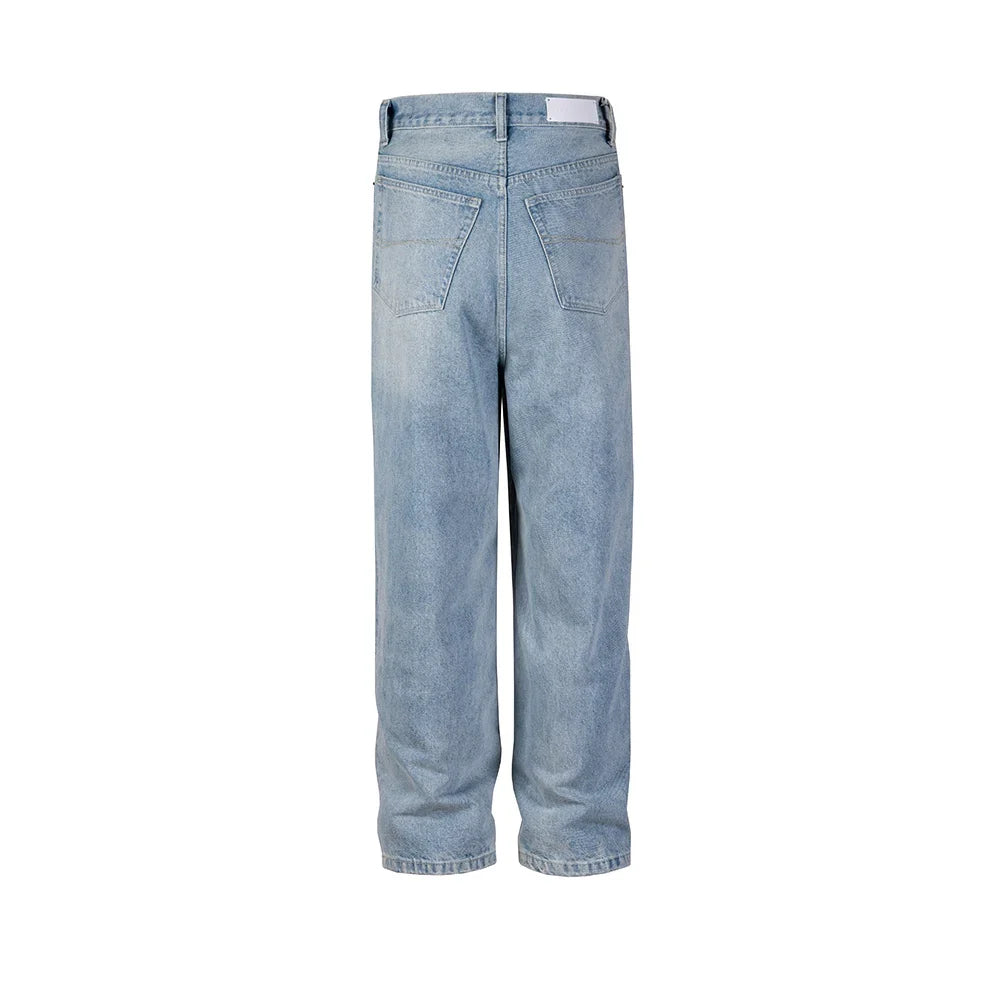 Washed Blue Streetwear Boot Cut Baggy Jeans — vista completa