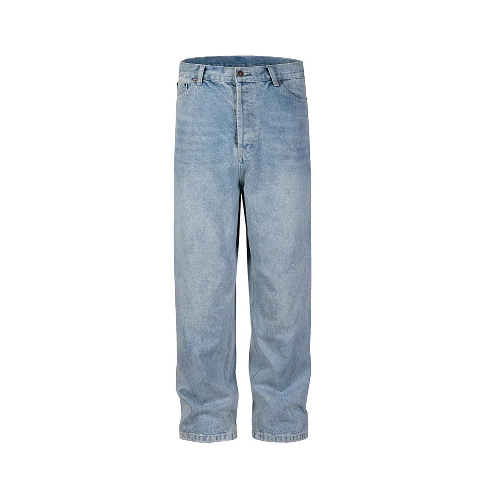 Washed Blue Streetwear Boot Cut Baggy Jeans — vista frontale