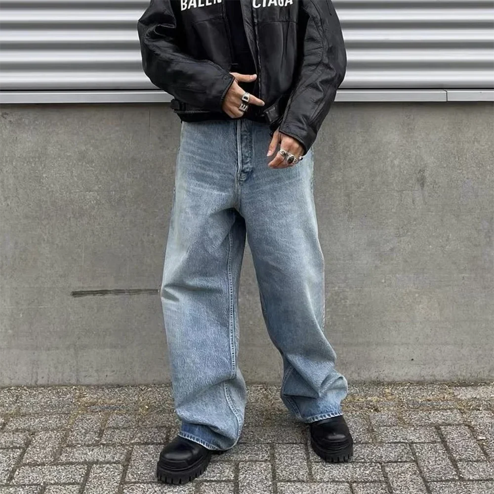 Washed Blue Streetwear Boot Cut Baggy Jeans — vista posteriore