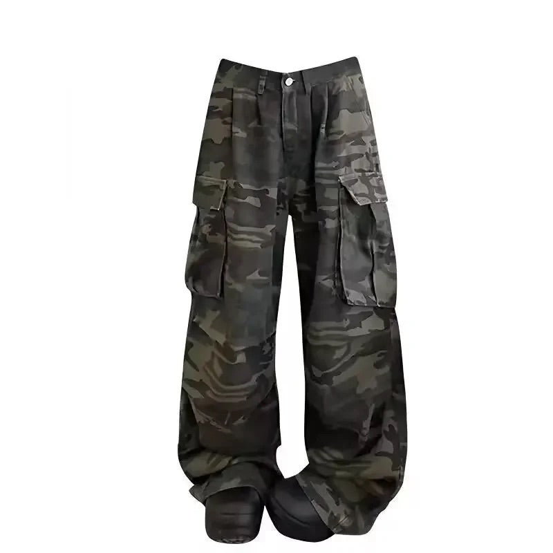 Washed Camouflage Multi Pocket Baggy Cargo Jeans — dettaglio della stampa
