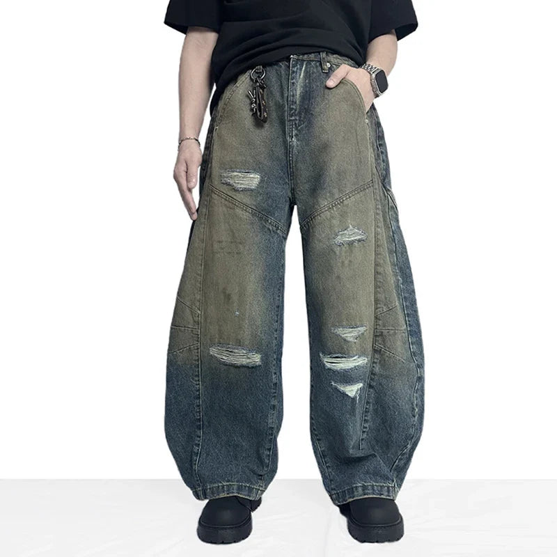 Washed Contrast Wide Leg Curved Knife Barrel Jeans — vista frontale