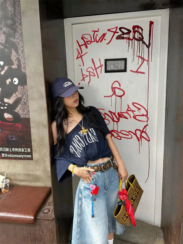Y2K West Coast Graphic Loose Off Shoulder T Shirt