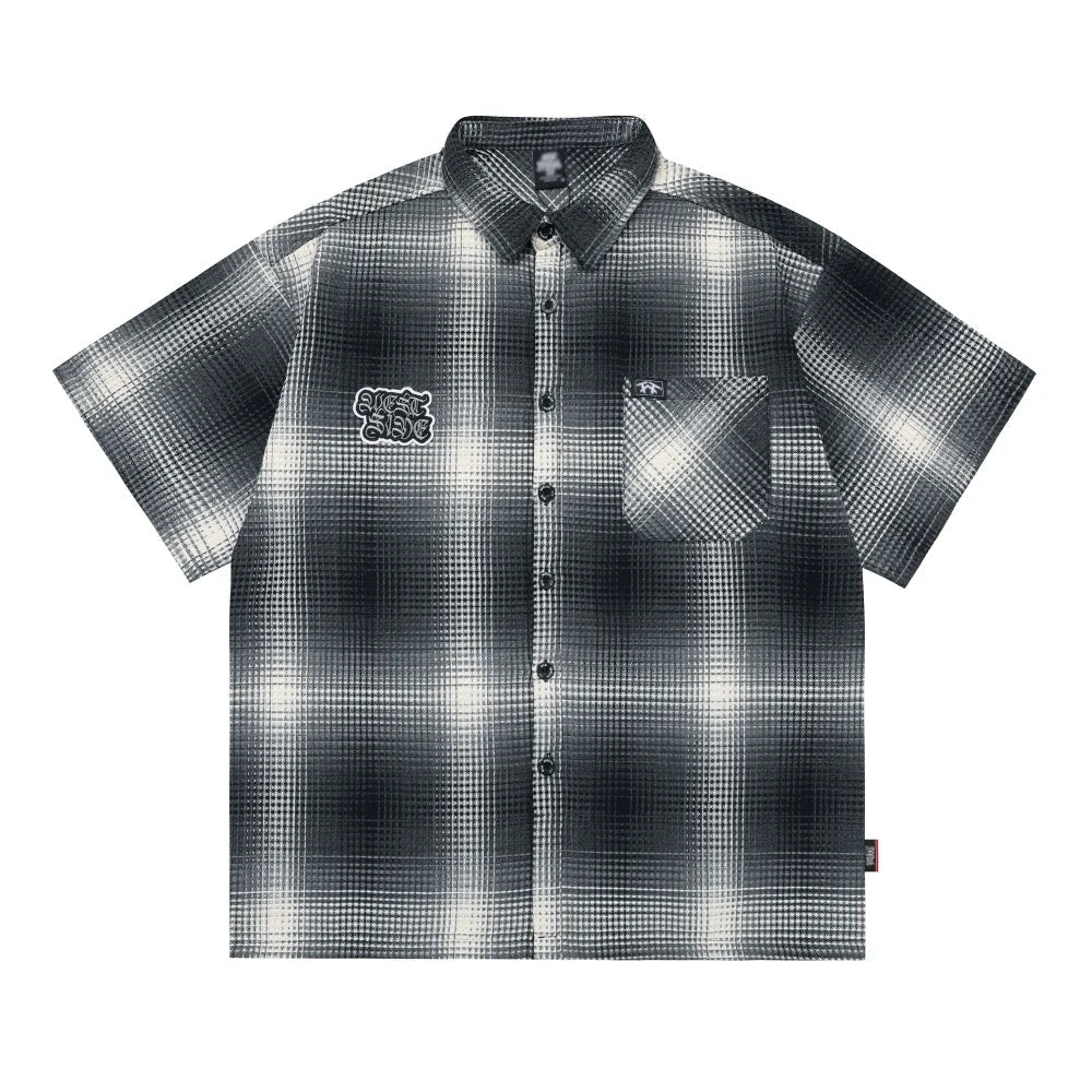 West Side Patch Embroidery Plaid Short Sleeve Shirt — vista frontale