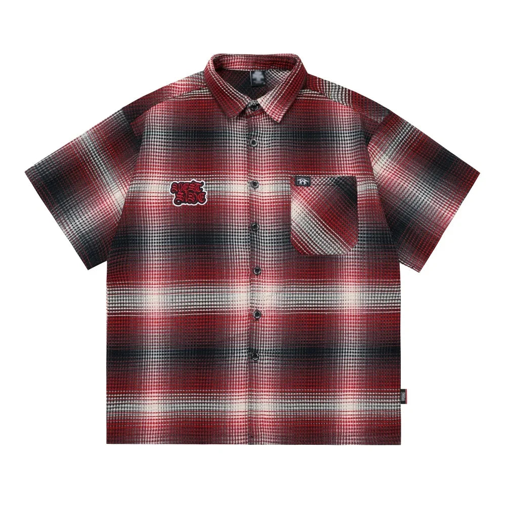 West Side Patch Embroidery Plaid Short Sleeve Shirt — vista posteriore