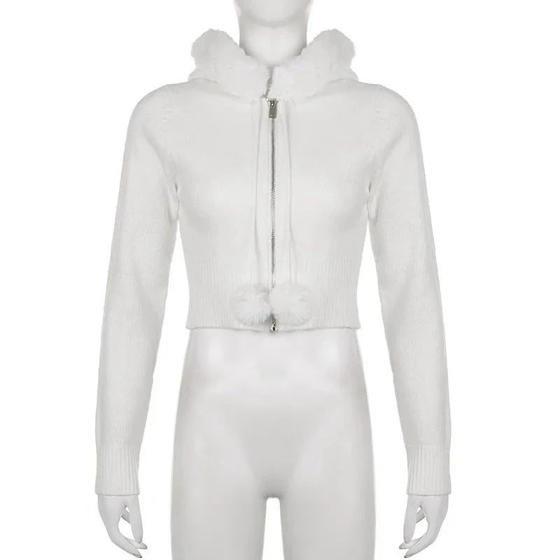 White Plush Crop Zip Up Hoodie — vista frontale