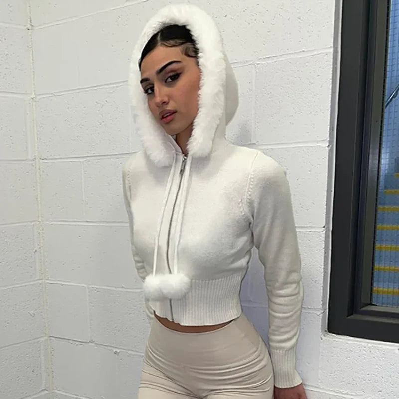 White Plush Crop Zip Up Hoodie — vista posteriore
