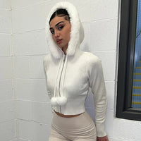 White Plush Crop Zip Up Hoodie — vista posteriore