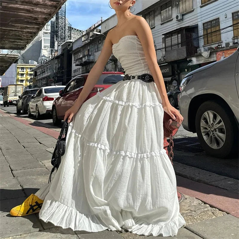 White Tiered Ruffle Maxi Skirt — vista posteriore