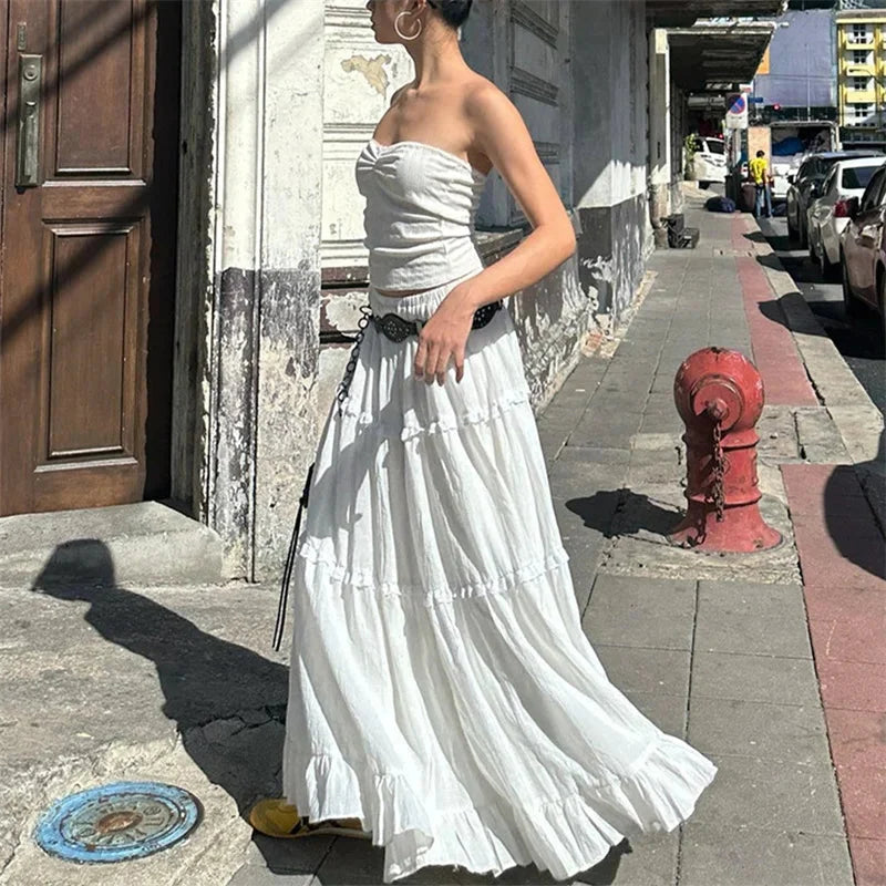 White Tiered Ruffle Maxi Skirt — dettaglio