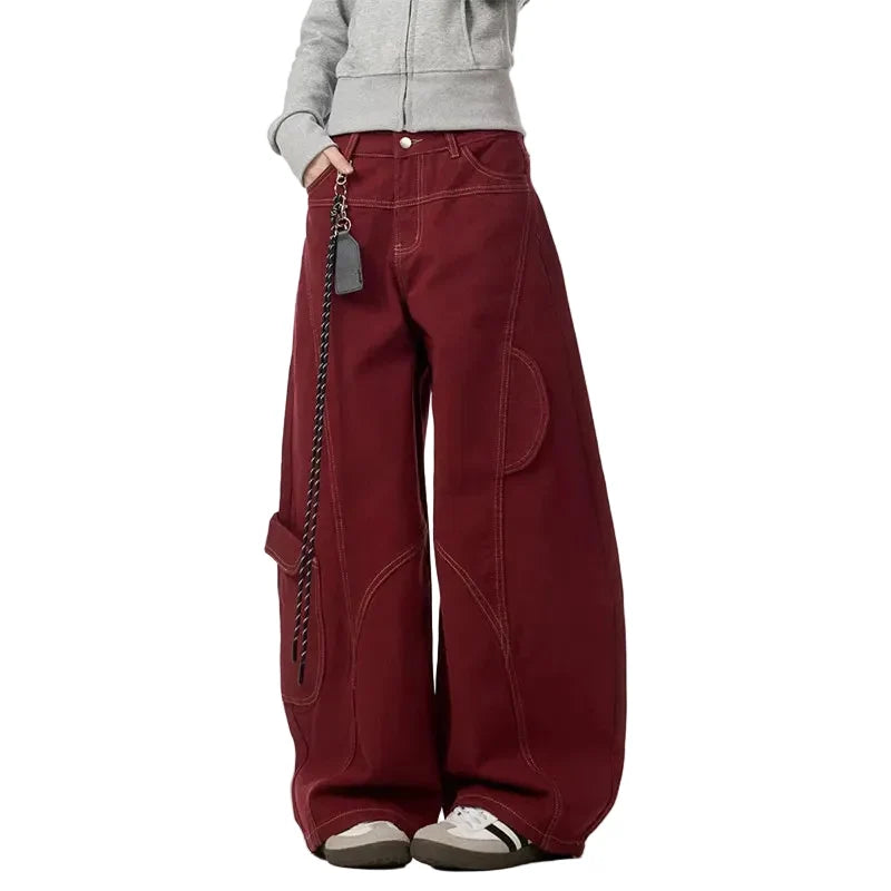 Wine Red Vintage High Waisted Baggy Barrel Jeans — dettaglio della stampa