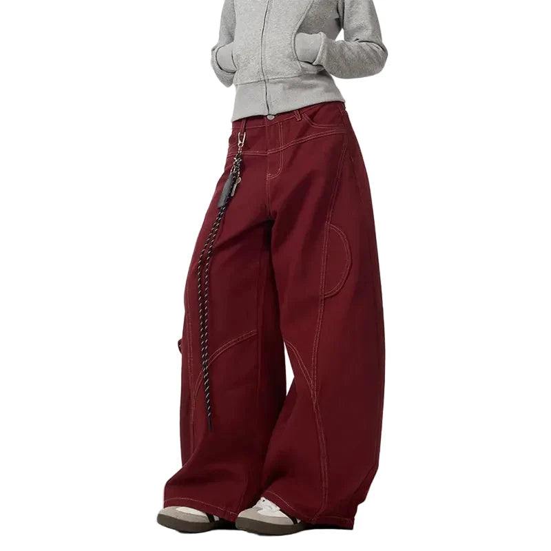 Wine Red Vintage High Waisted Baggy Barrel Jeans — vista frontale