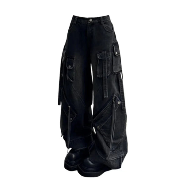 Womens Black Baggy Gothic Cargo Jeans — vista frontale
