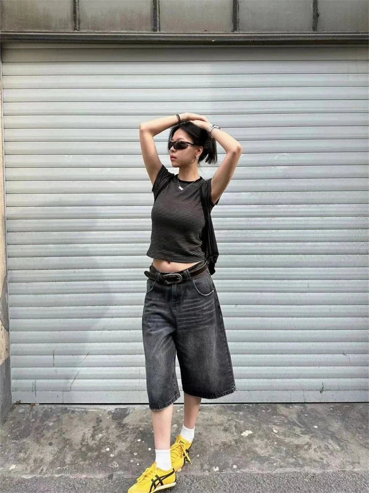 Womens Black Essentials Denim Shorts Jorts — vista posteriore