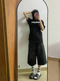 Womens Black Essentials Denim Shorts Jorts — dettaglio della stampa