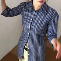 Womens Blue Plaid Three Quarter Casual Button Up Shirt — in alternativa