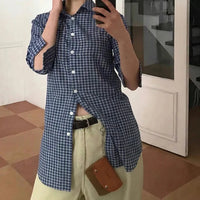 Womens Blue Plaid Three Quarter Casual Button Up Shirt — vista posteriore