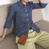 Womens Blue Plaid Three Quarter Casual Button Up Shirt — dettaglio