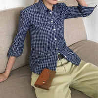 Womens Blue Plaid Three Quarter Casual Button Up Shirt — dettaglio