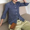Y2K Womens Blue Plaid Three Quarter Casual Button Up Shirt
