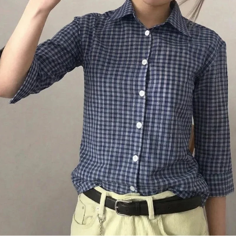 Womens Blue Plaid Three Quarter Casual Button Up Shirt — dettaglio della stampa
