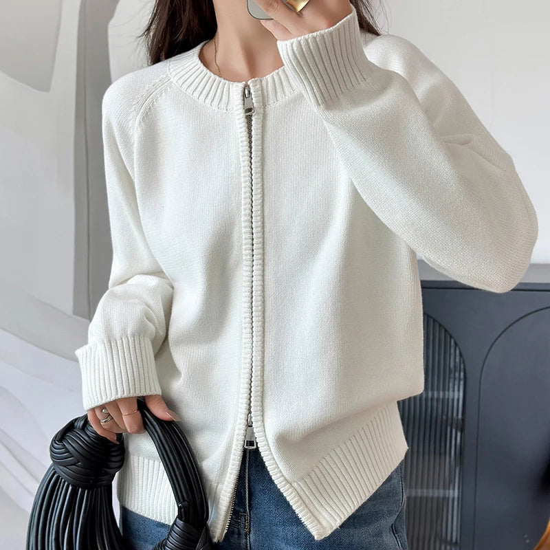 Womens O Neck Double Zip Cardigan — vista frontale